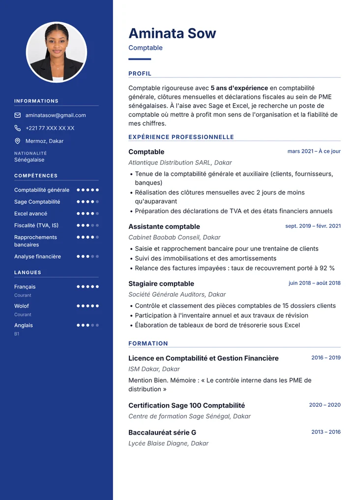 Exemple de CV : Aminata Sow, Comptable