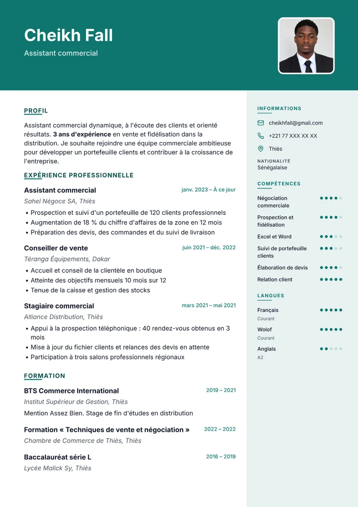 Exemple de CV : Cheikh Fall, Assistant commercial