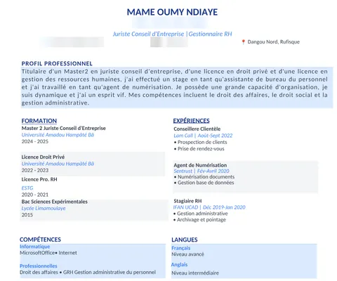 CV de Mame Oumy Ndiaye, coordonnées masquées