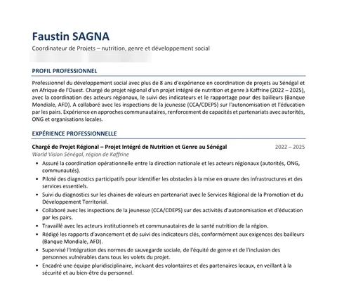 CV de Faustin Sagna, coordonnées masquées