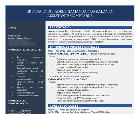 CV de Brenda Lydie Adèle GAMANDA NDAKALAYEN, coordonnées masquées