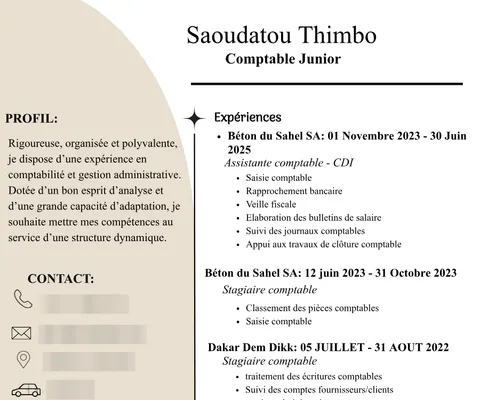 CV de Saoudatou Thimbo, coordonnées masquées