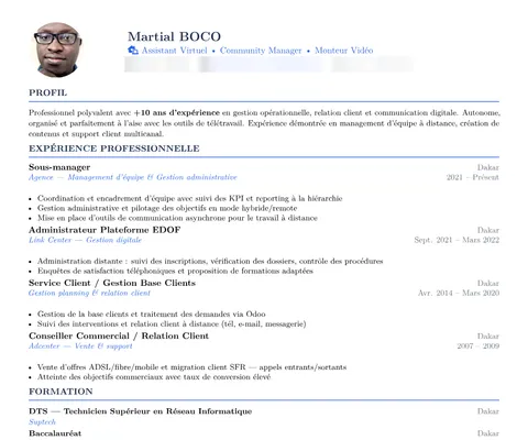 CV de Martial Boco, coordonnées masquées