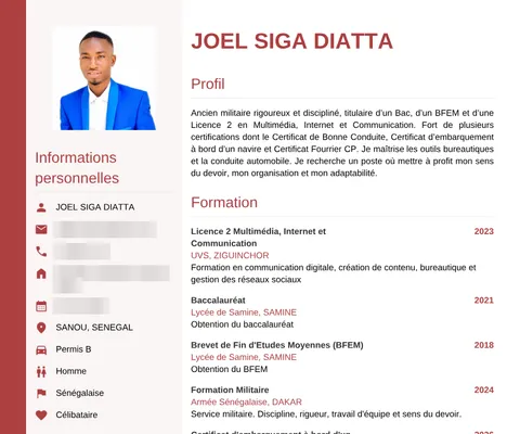 CV de Joel siga Diatta, coordonnées masquées