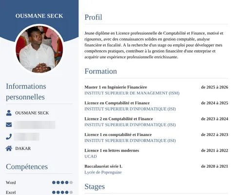 CV de Ousmane Seck, coordonnées masquées