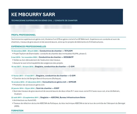 CV de Ké Mbourry Sarr, coordonnées masquées