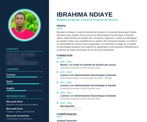 CV de Ibrahima Ndiaye, coordonnées masquées